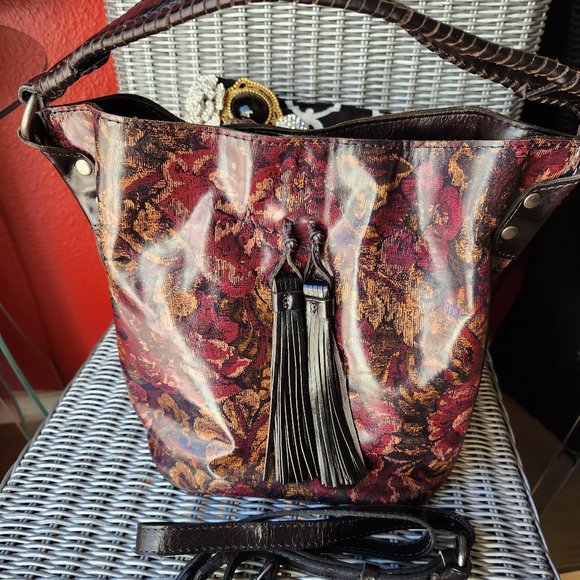 PATRICIA NASH ~ Otavia Vintage Floral Brocade Black Tassel ~ LEATHER Bucket Bag - Picture 1 of 5